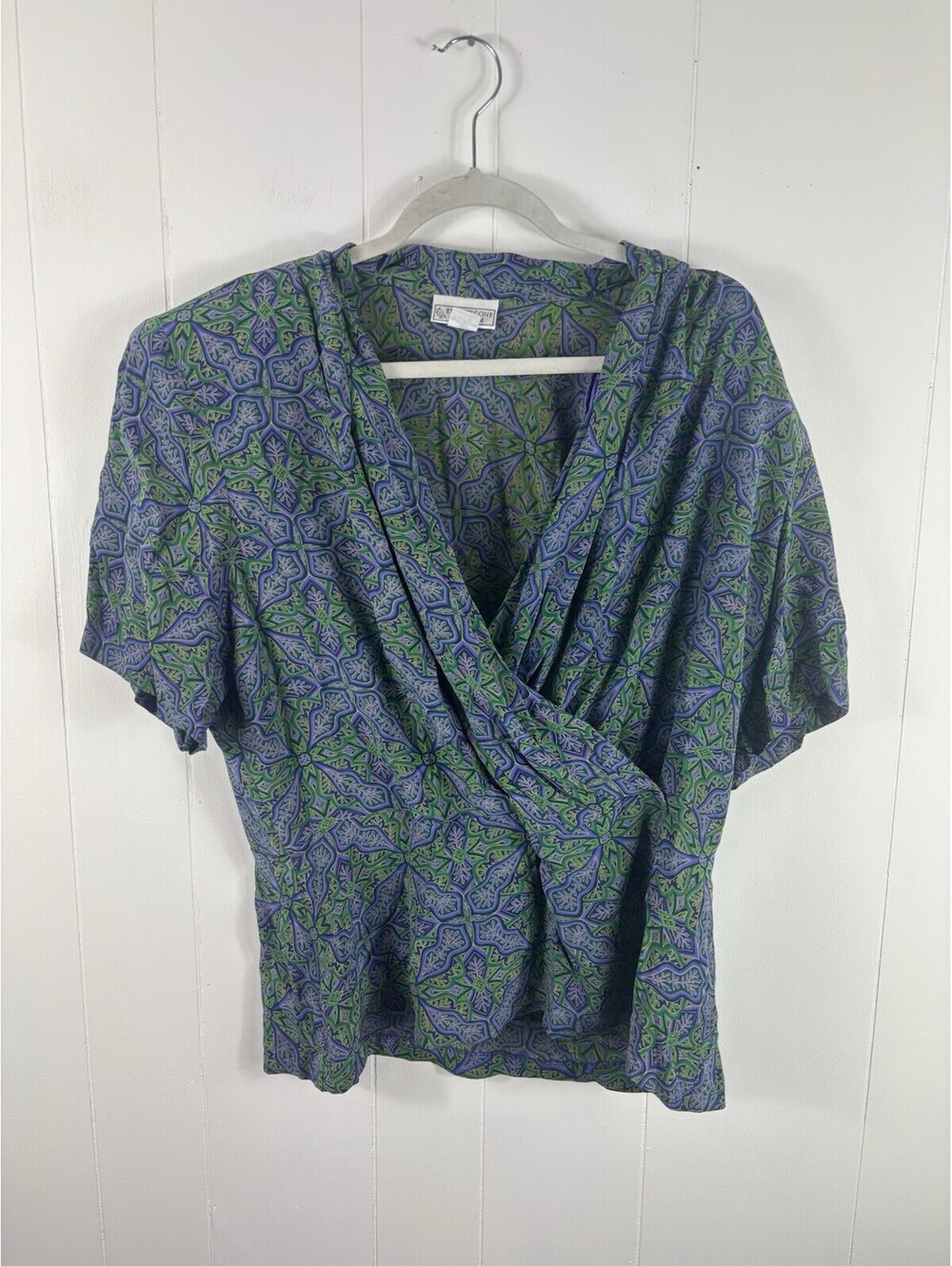 Evan-Picone Silk Green Purple geometric wrap blouse Vintage 18W Fairy Artsy